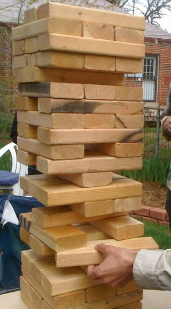 Life-size jenga game with 2x4 blocks as the pieces
