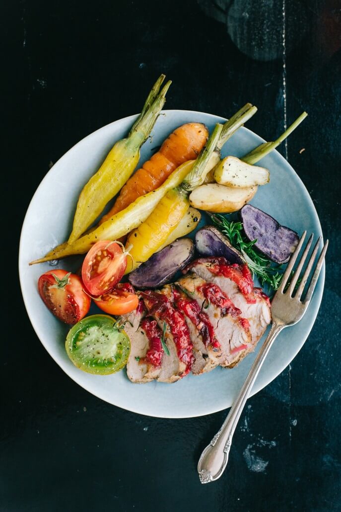 Roasted Pork Loin with Spicy Plum Chutney and Roasted Vegetables